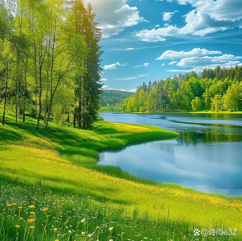 静谧湖畔，春意盎然，绿树成荫，感受自然的宁静与美好